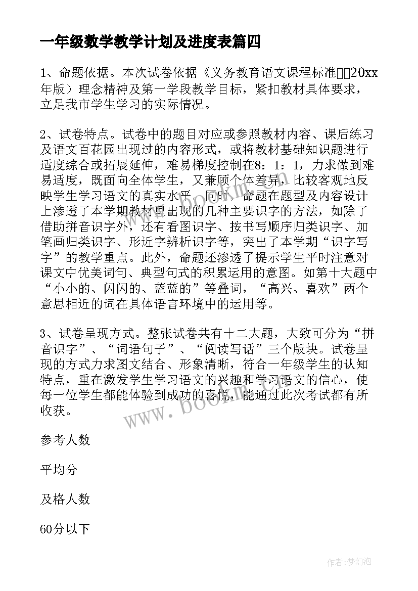 最新一年级数学教学计划及进度表 一年级语文期末考试质量分析报告(优秀5篇)