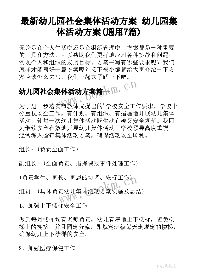 最新幼儿园社会集体活动方案 幼儿园集体活动方案(通用7篇)