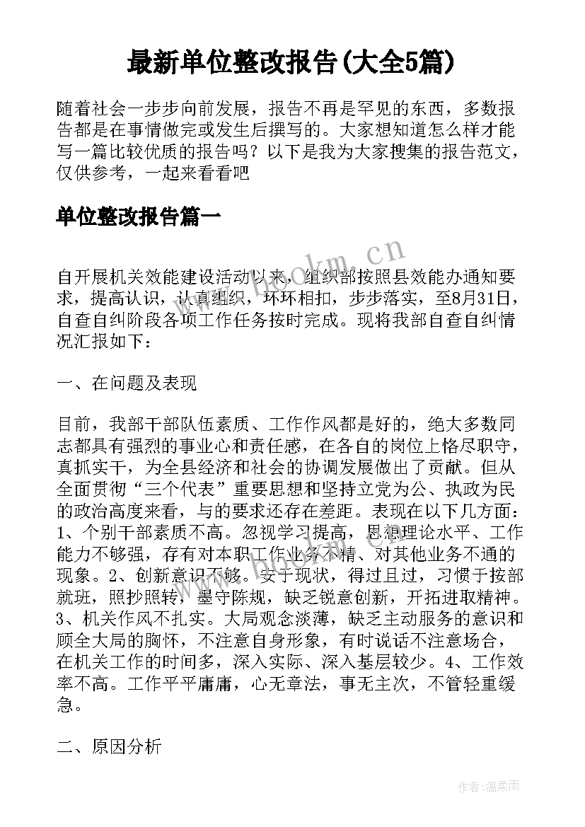 最新单位整改报告(大全5篇)