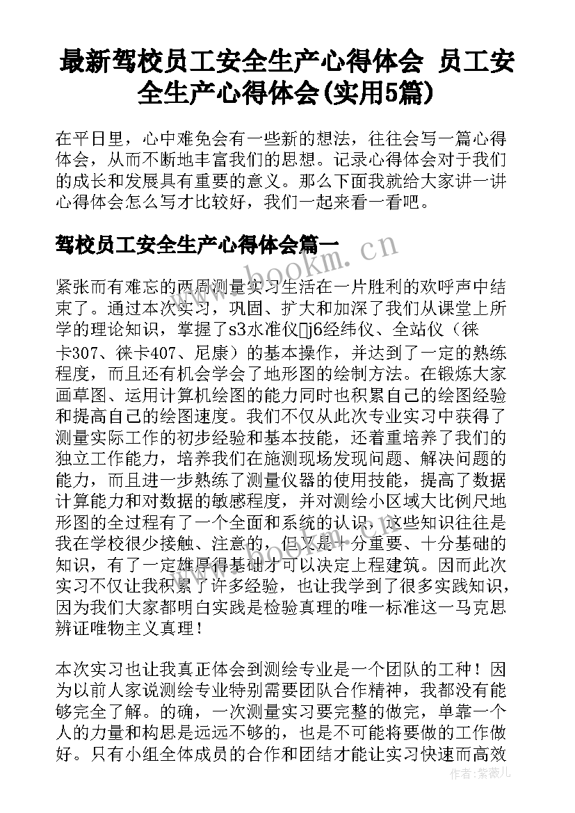 最新驾校员工安全生产心得体会 员工安全生产心得体会(实用5篇)