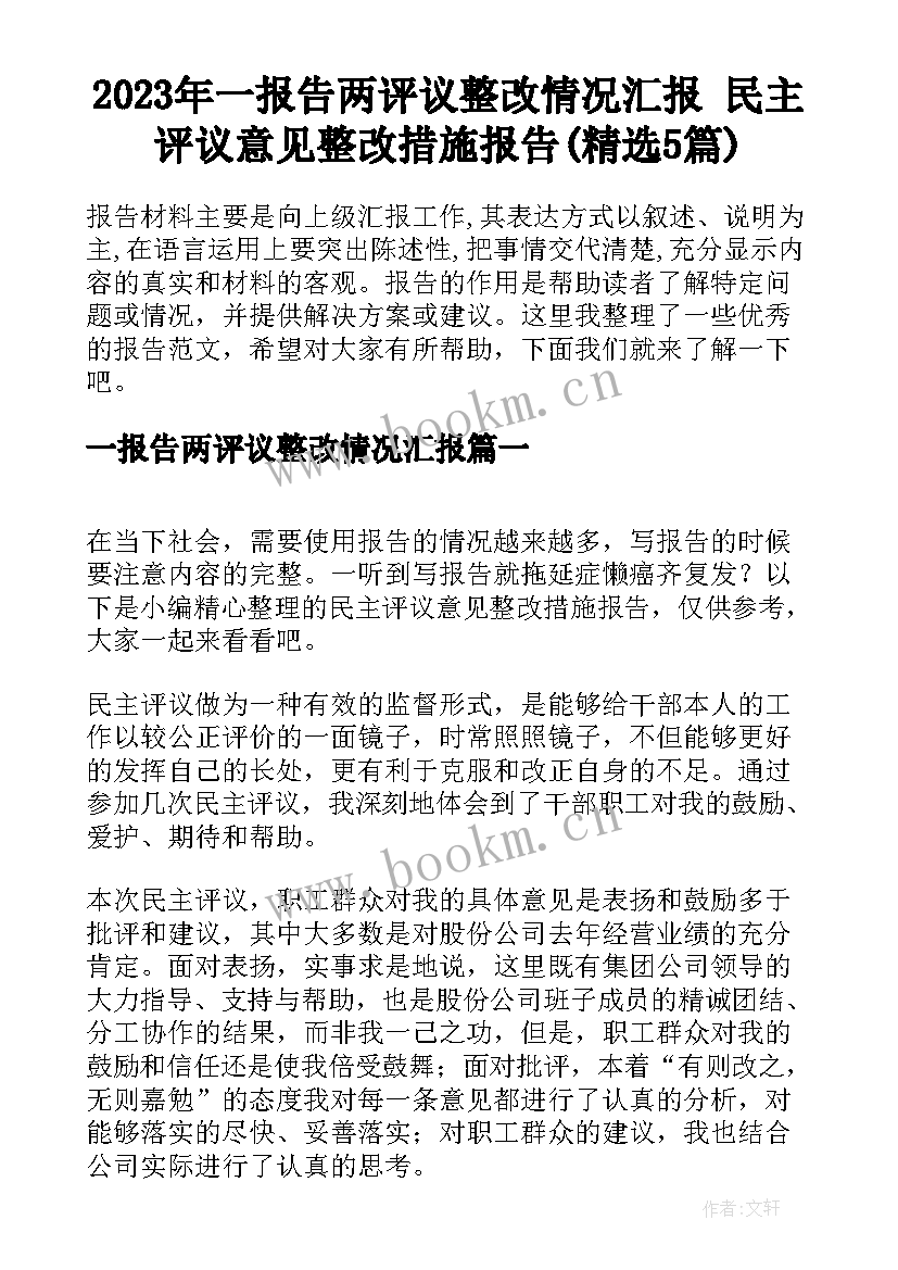 2023年一报告两评议整改情况汇报 民主评议意见整改措施报告(精选5篇)