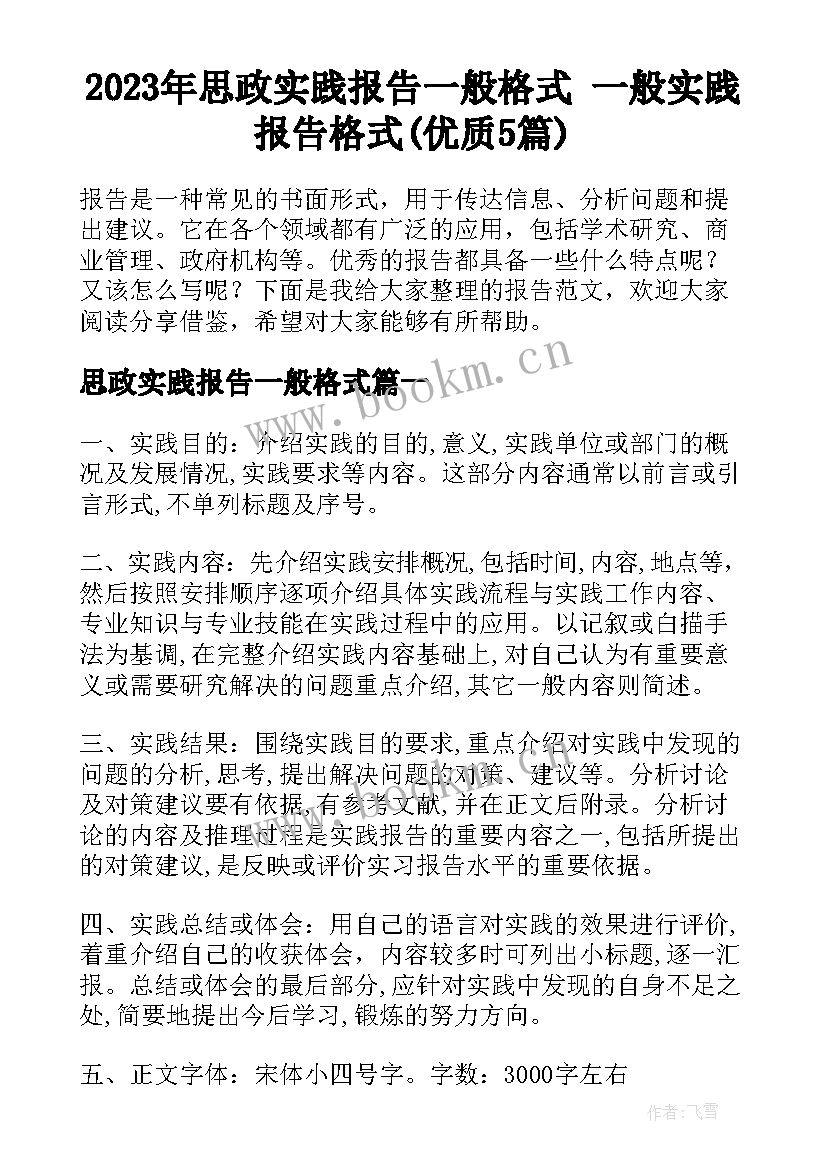 2023年思政实践报告一般格式 一般实践报告格式(优质5篇)