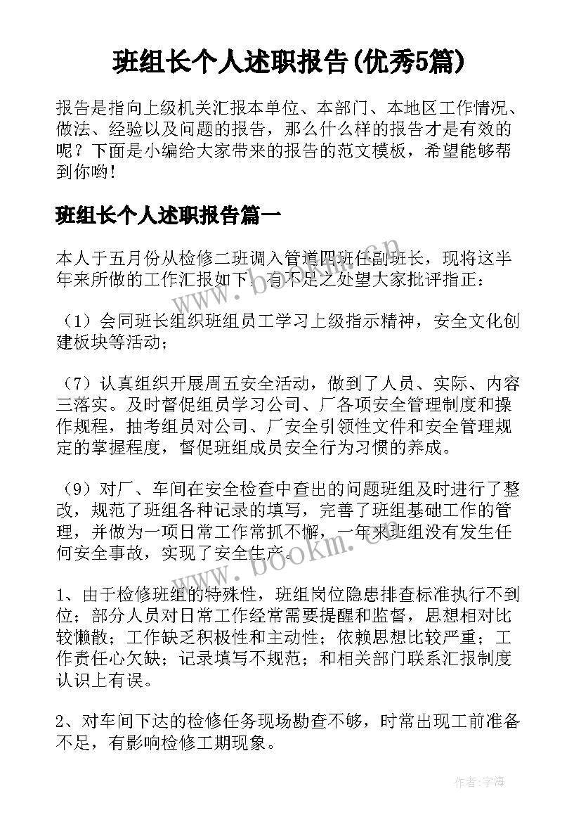 班组长个人述职报告(优秀5篇)