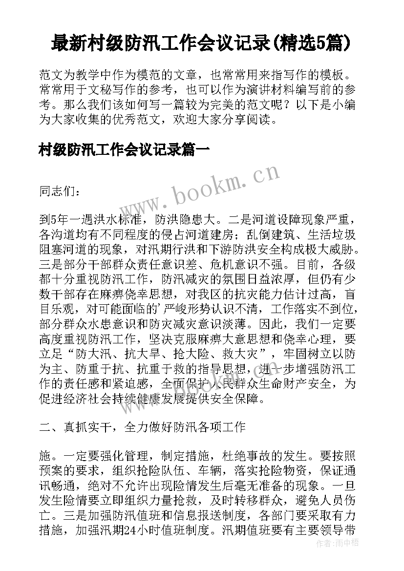 最新村级防汛工作会议记录(精选5篇)