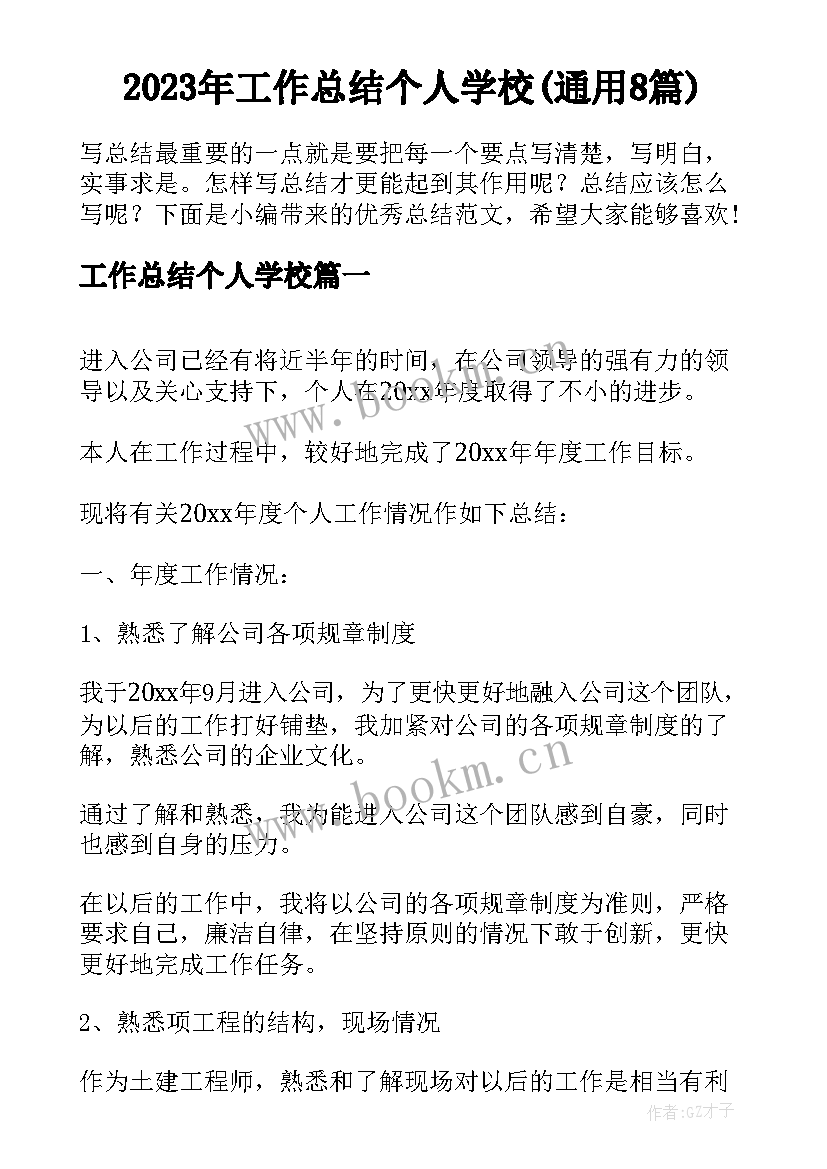 2023年工作总结个人学校(通用8篇)