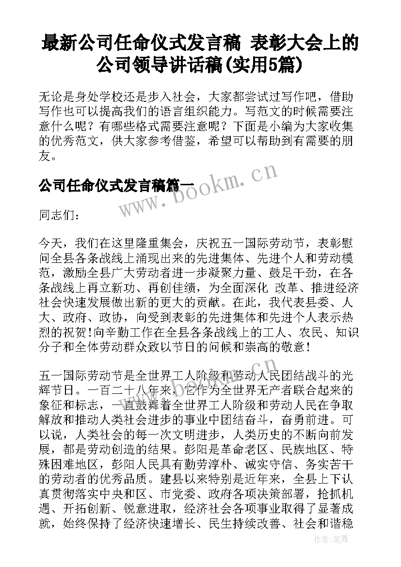 最新公司任命仪式发言稿 表彰大会上的公司领导讲话稿(实用5篇)