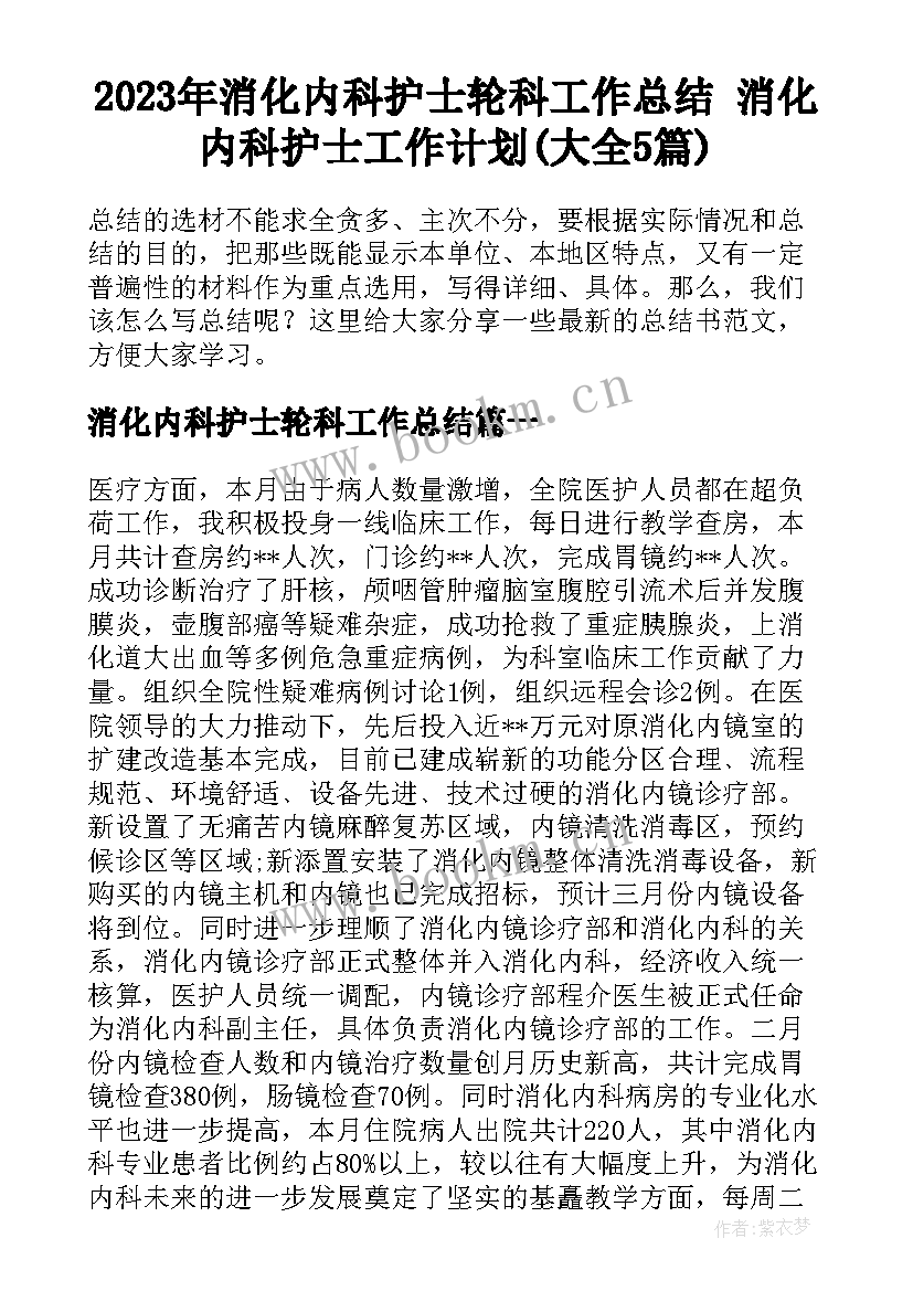 2023年消化内科护士轮科工作总结 消化内科护士工作计划(大全5篇)