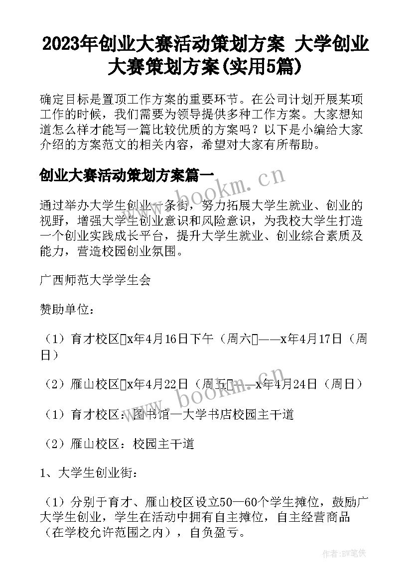 2023年创业大赛活动策划方案 大学创业大赛策划方案(实用5篇)