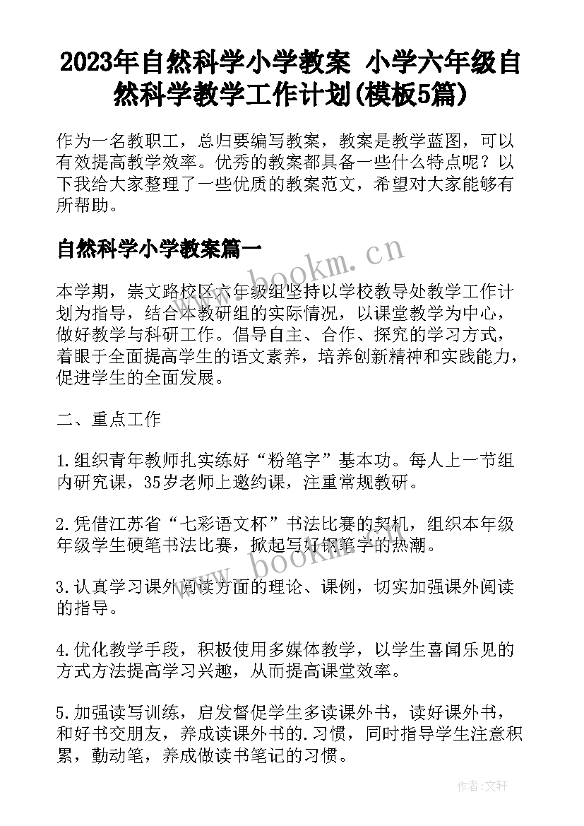 2023年自然科学小学教案 小学六年级自然科学教学工作计划(模板5篇)