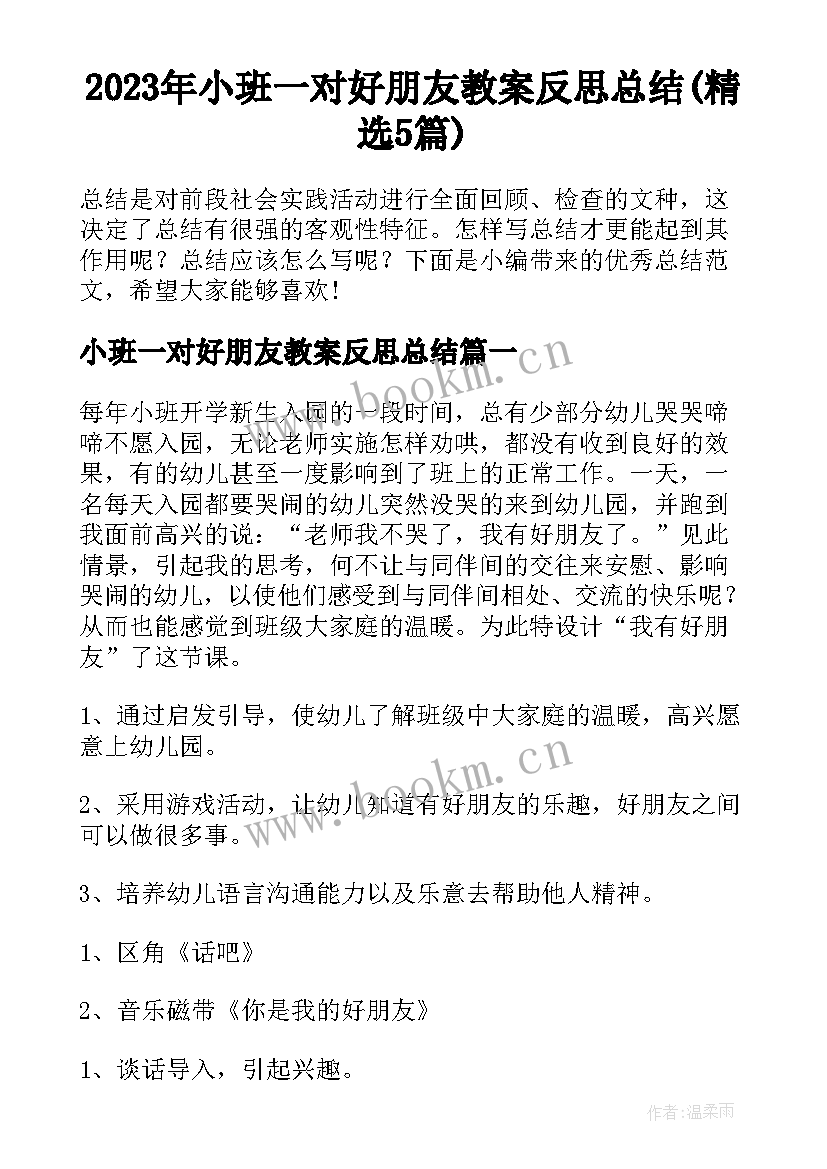 2023年小班一对好朋友教案反思总结(精选5篇)