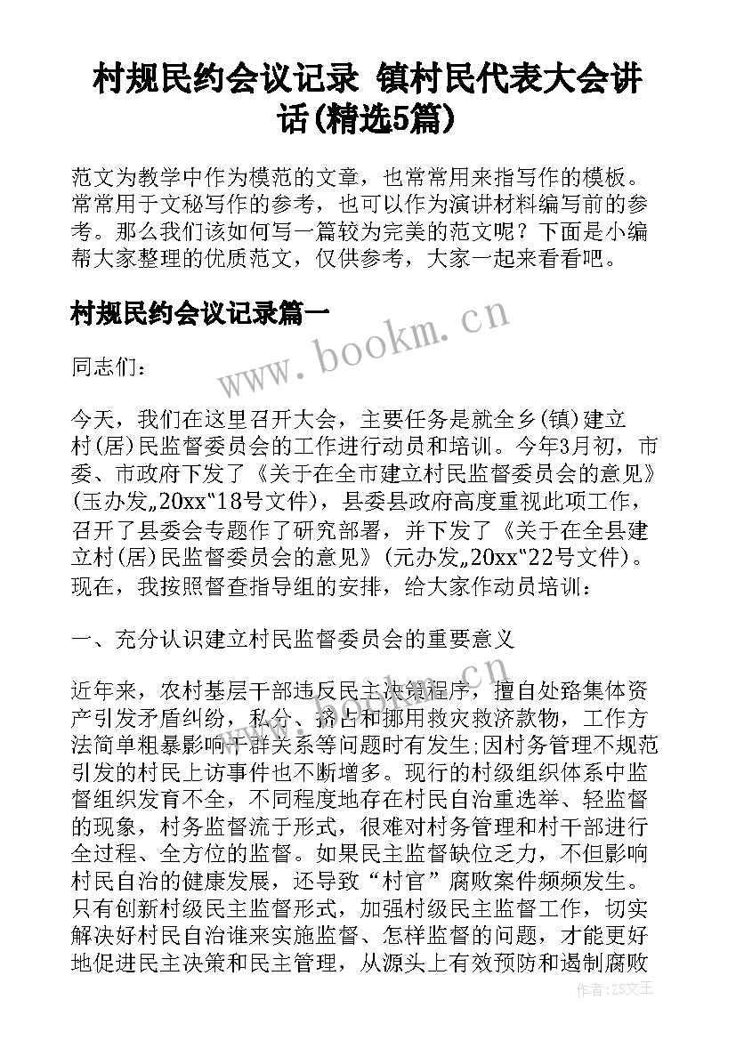 村规民约会议记录 镇村民代表大会讲话(精选5篇)