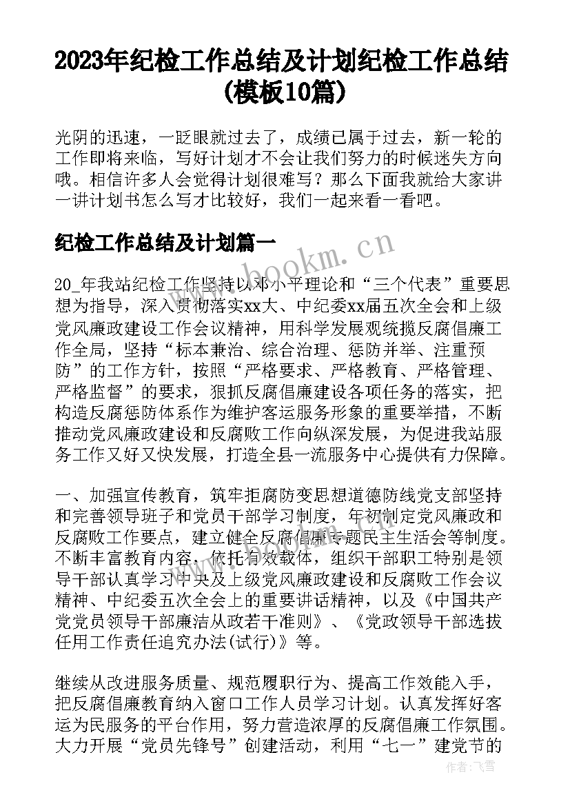 2023年纪检工作总结及计划 纪检工作总结(模板10篇)