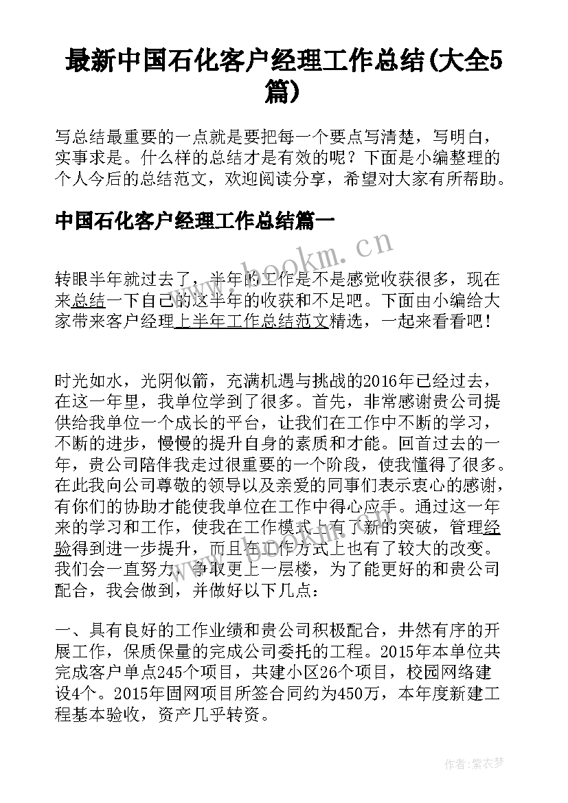 最新中国石化客户经理工作总结(大全5篇)