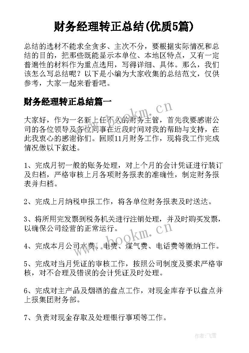 财务经理转正总结(优质5篇)