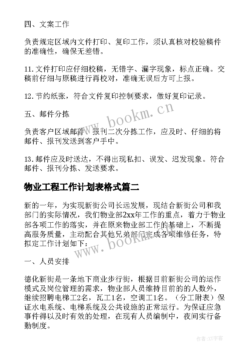 最新物业工程工作计划表格式(优质5篇)