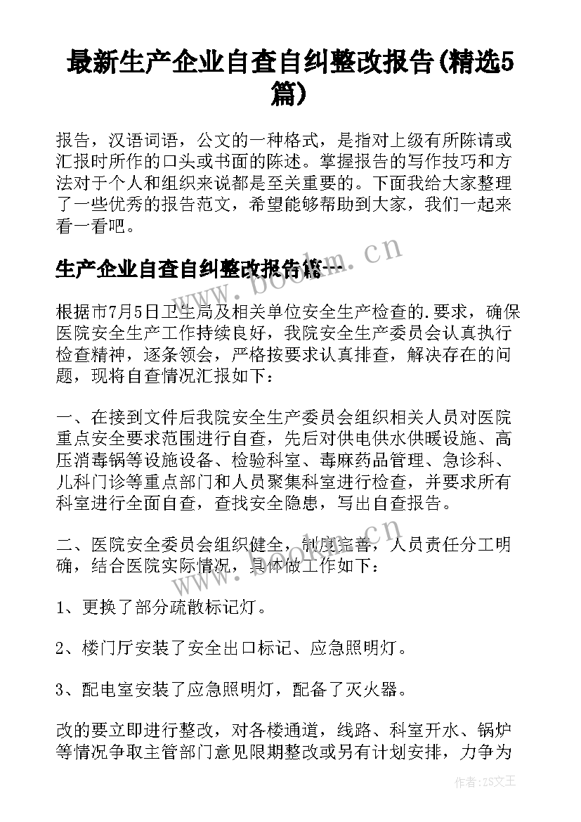 最新生产企业自查自纠整改报告(精选5篇)