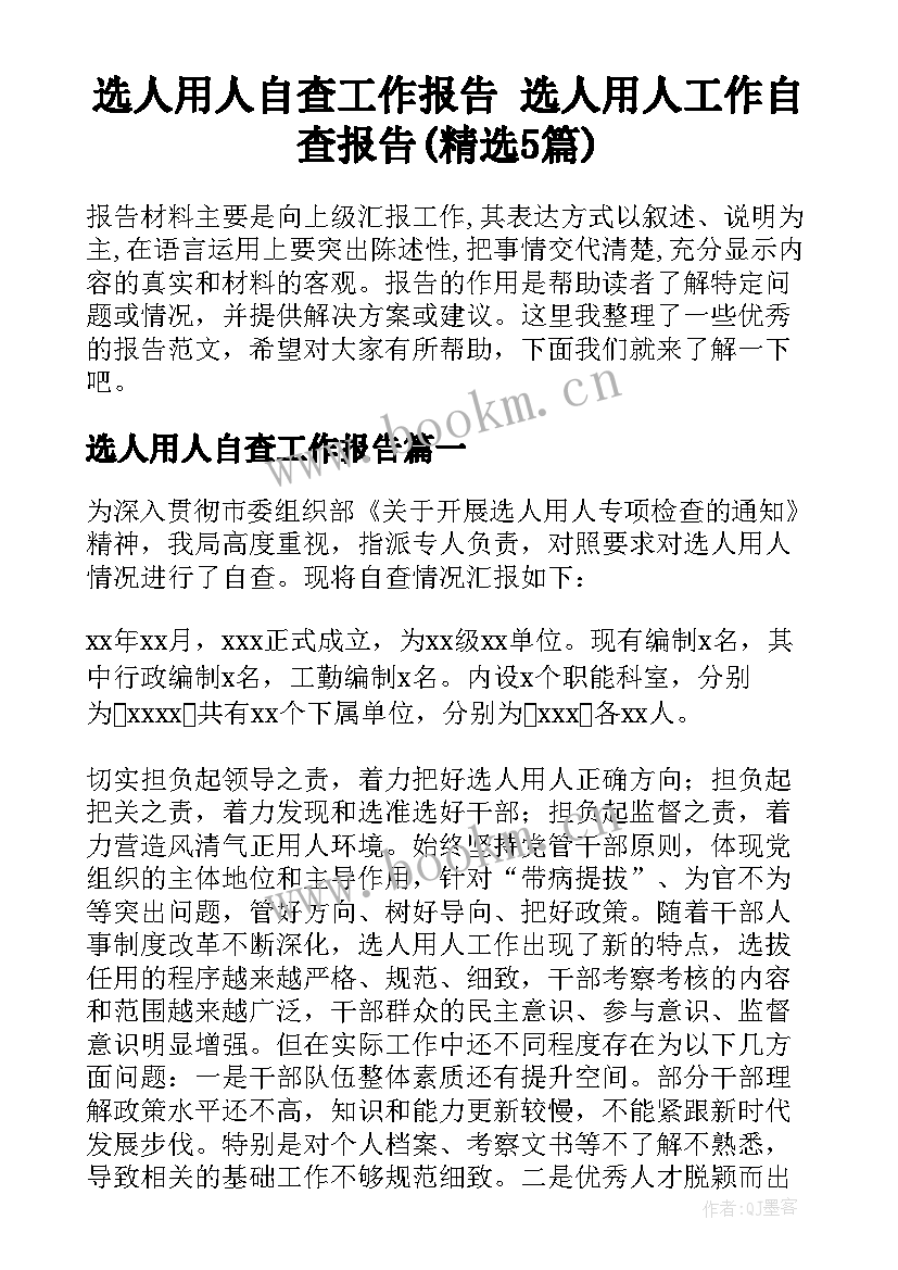 选人用人自查工作报告 选人用人工作自查报告(精选5篇)