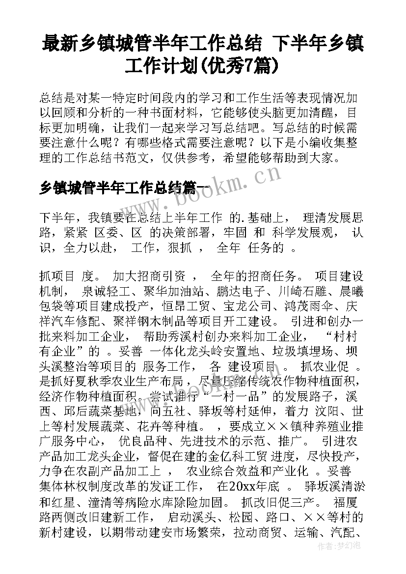 最新乡镇城管半年工作总结 下半年乡镇工作计划(优秀7篇)