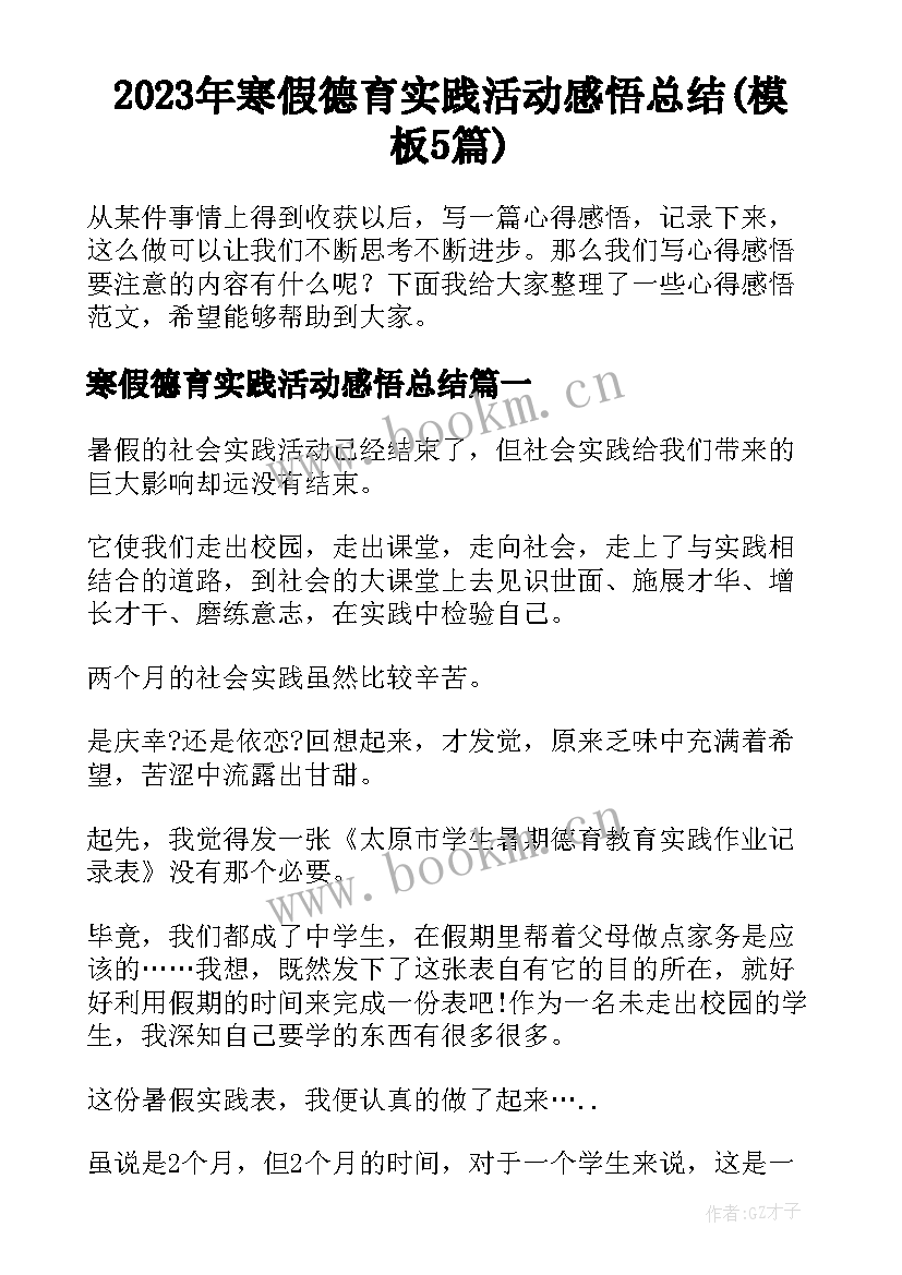 2023年寒假德育实践活动感悟总结(模板5篇)