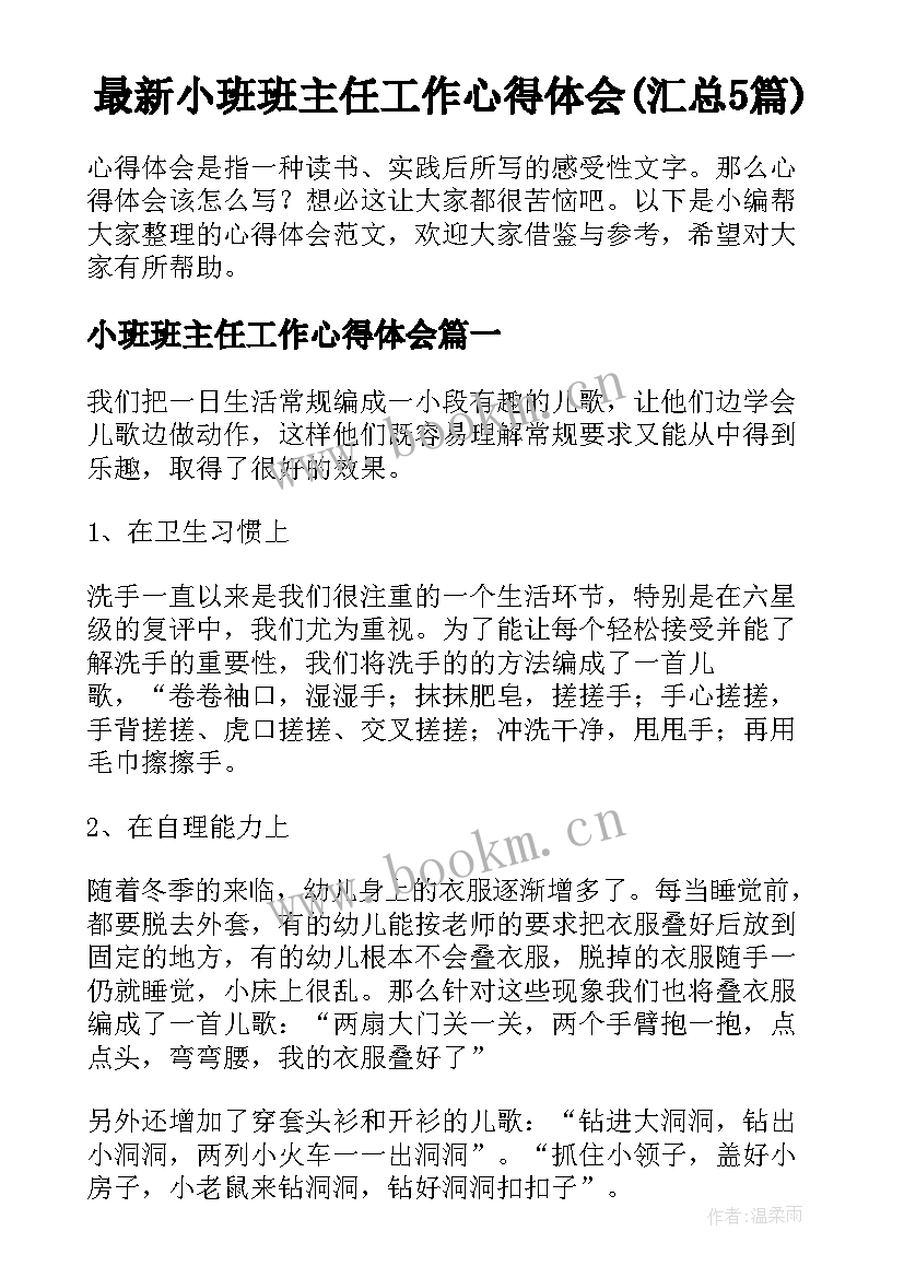 最新小班班主任工作心得体会(汇总5篇)