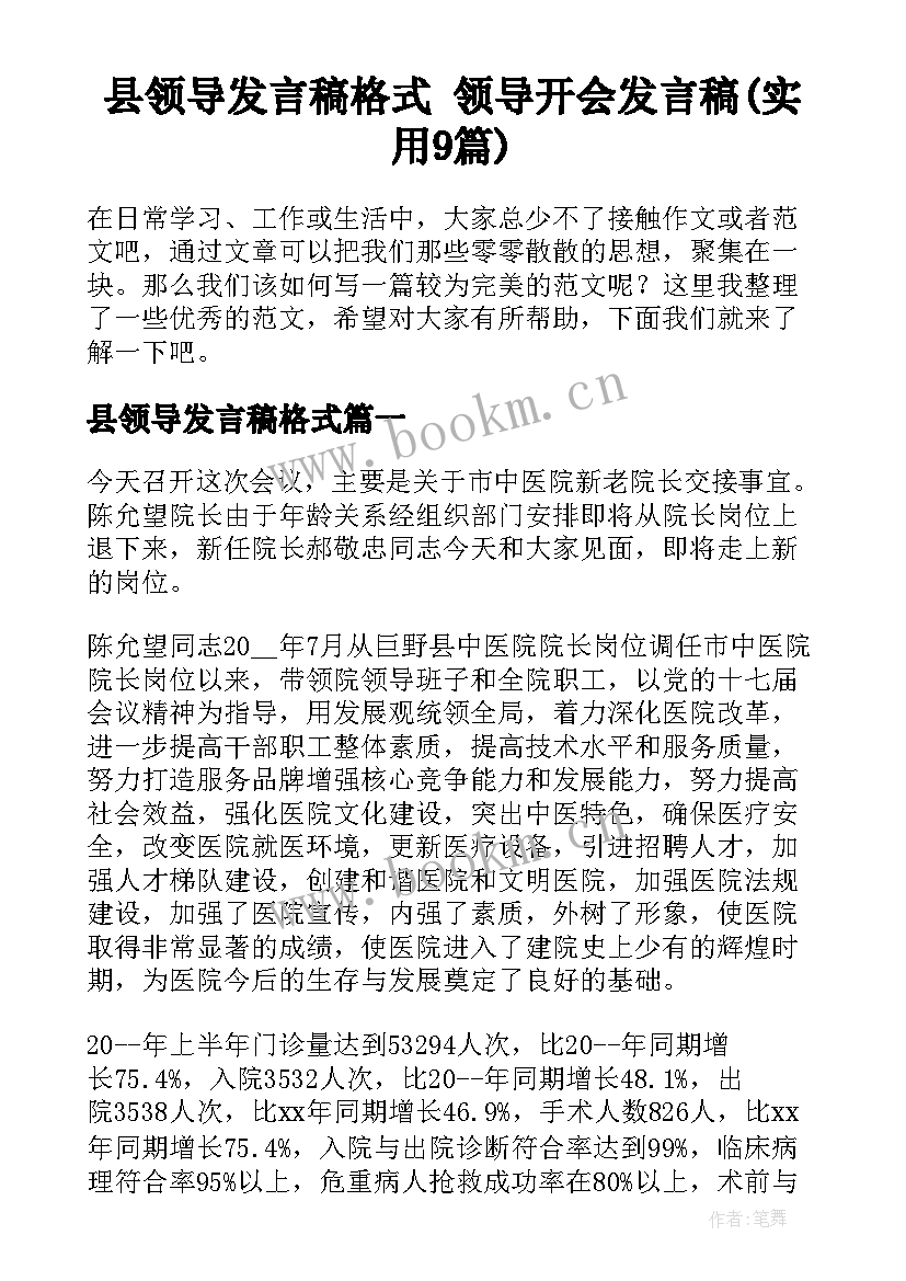 县领导发言稿格式 领导开会发言稿(实用9篇)