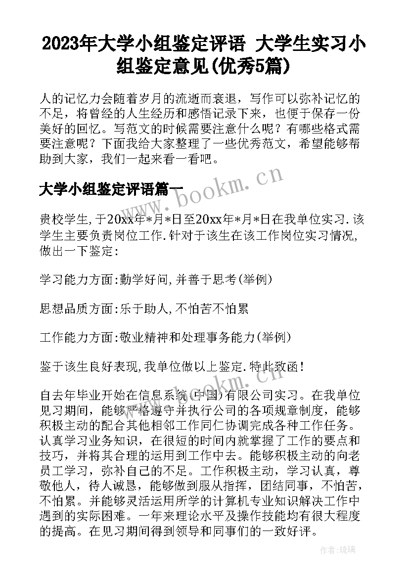 2023年大学小组鉴定评语 大学生实习小组鉴定意见(优秀5篇)