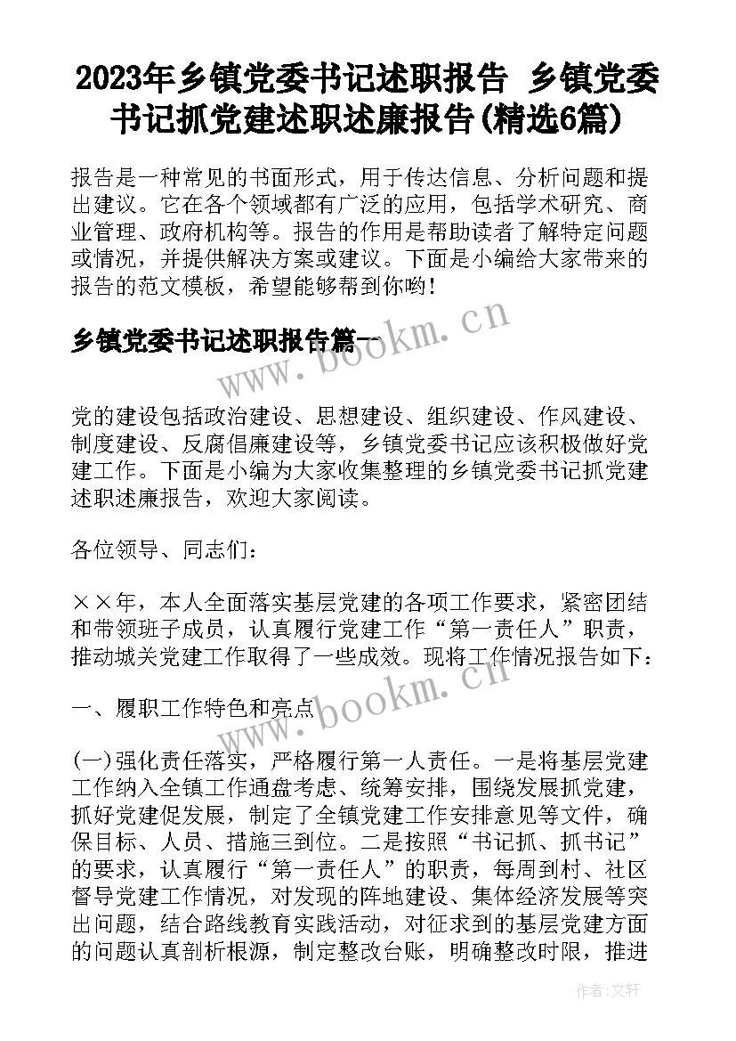 2023年乡镇党委书记述职报告 乡镇党委书记抓党建述职述廉报告(精选6篇)