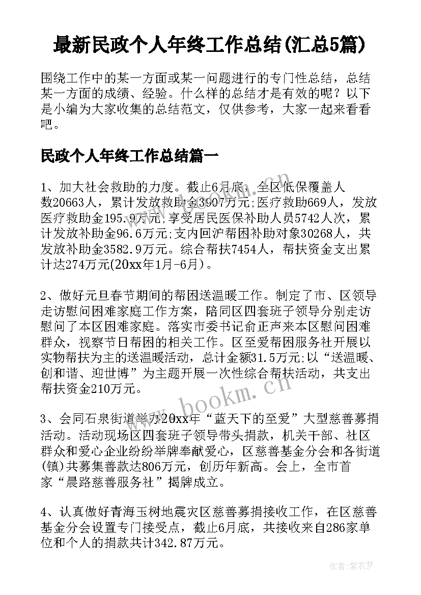 最新民政个人年终工作总结(汇总5篇)