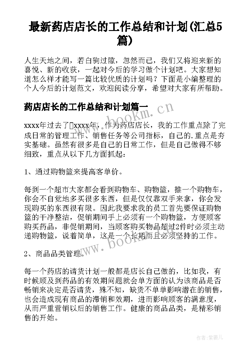 最新药店店长的工作总结和计划(汇总5篇)