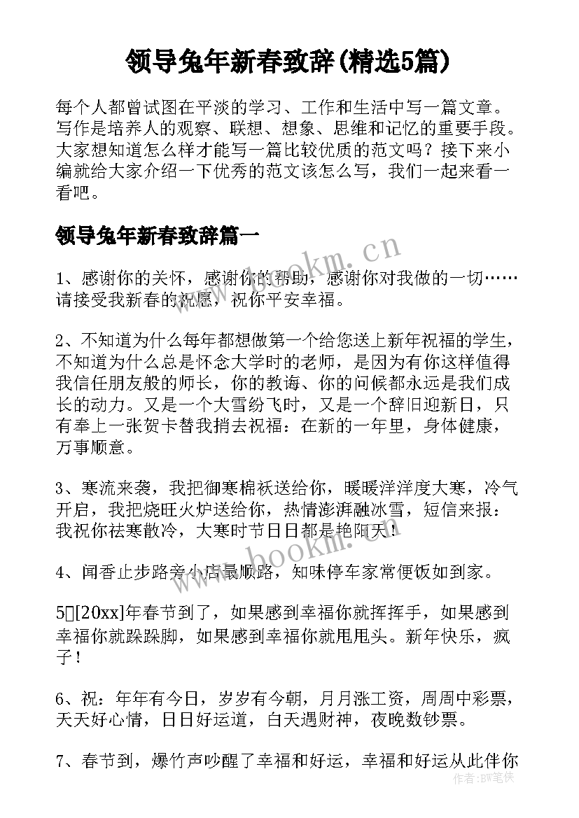 领导兔年新春致辞(精选5篇)