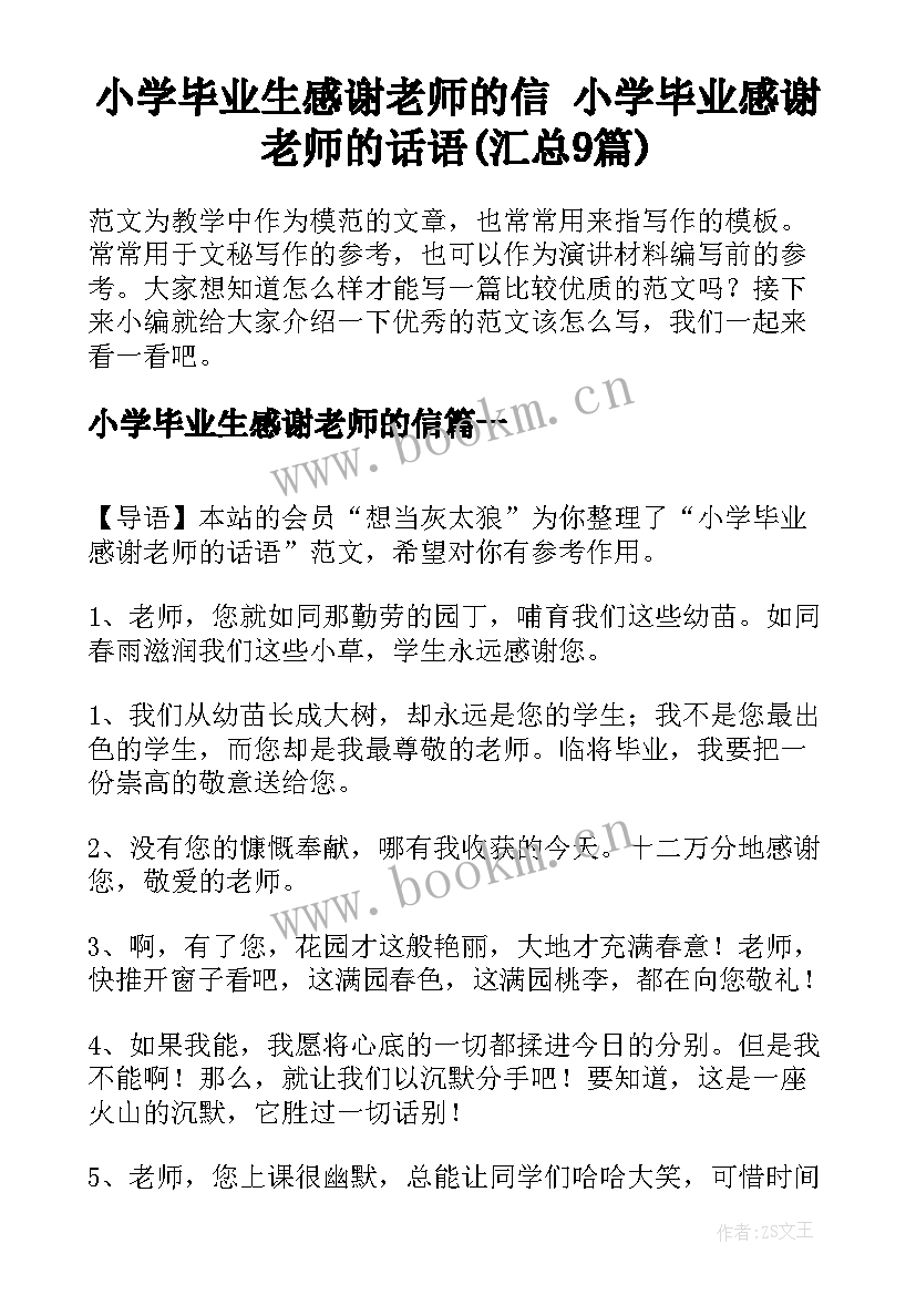 小学毕业生感谢老师的信 小学毕业感谢老师的话语(汇总9篇)