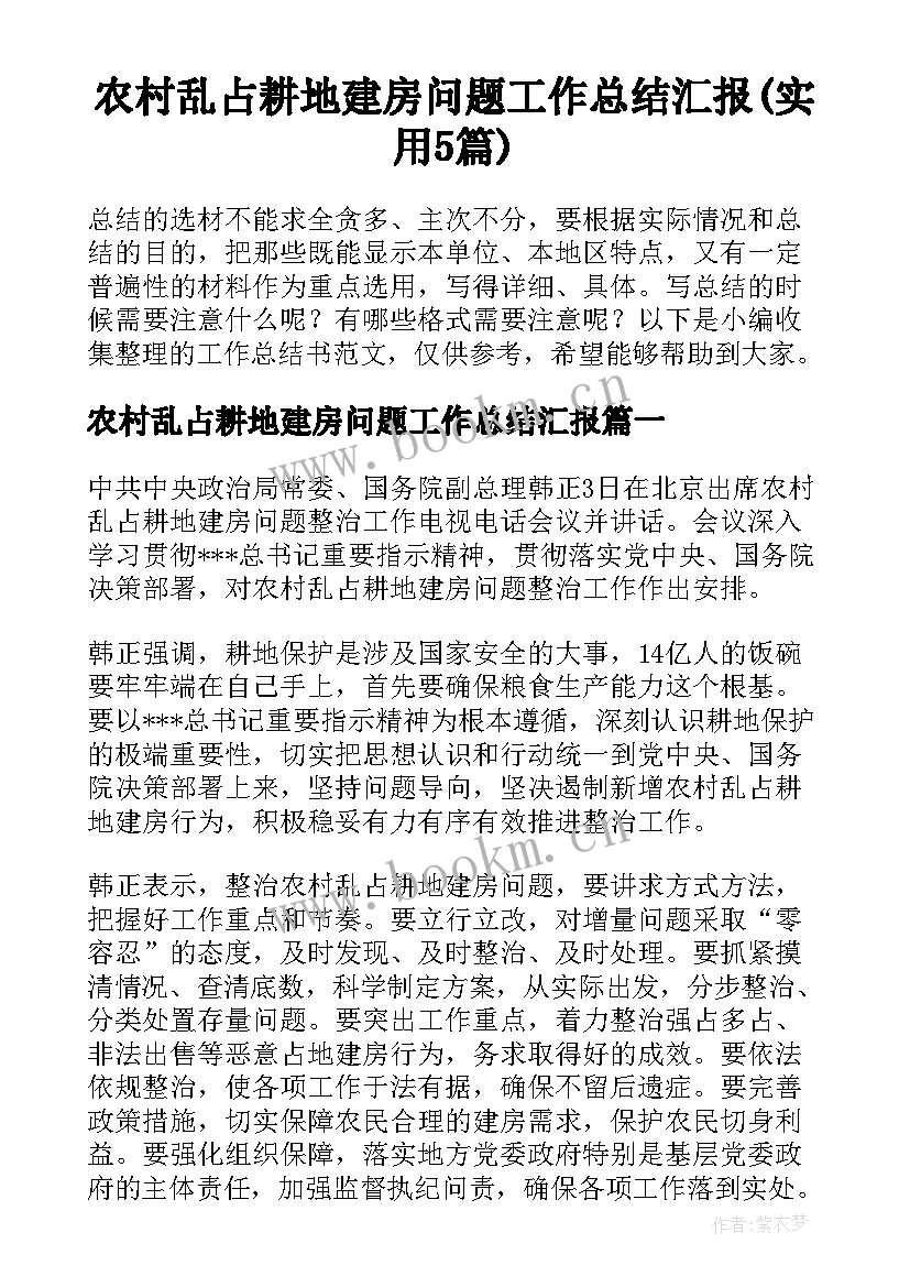 农村乱占耕地建房问题工作总结汇报(实用5篇)