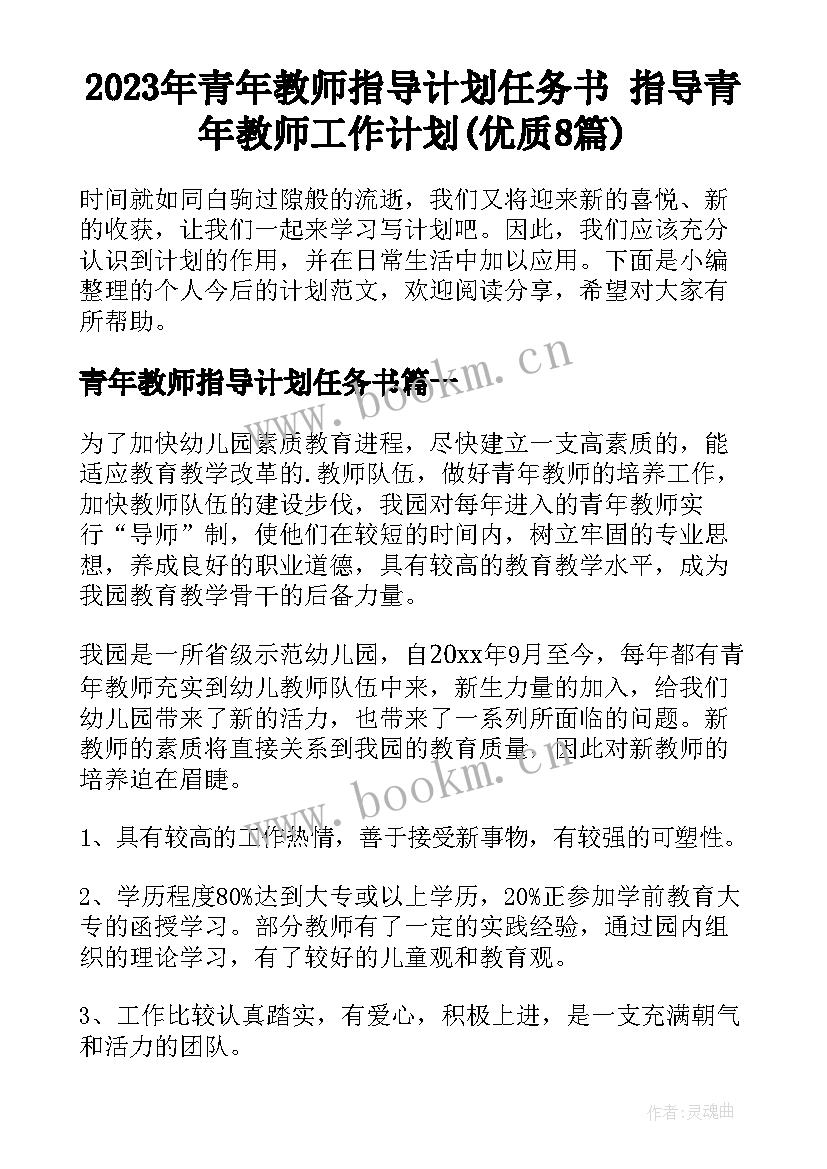 2023年青年教师指导计划任务书 指导青年教师工作计划(优质8篇)