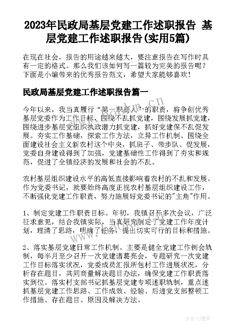 2023年民政局基层党建工作述职报告 基层党建工作述职报告(实用5篇)