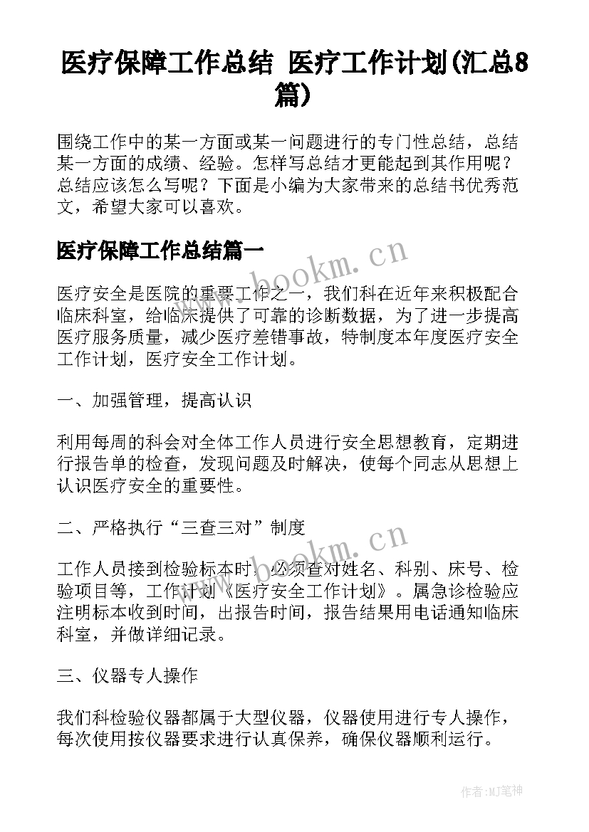 医疗保障工作总结 医疗工作计划(汇总8篇)