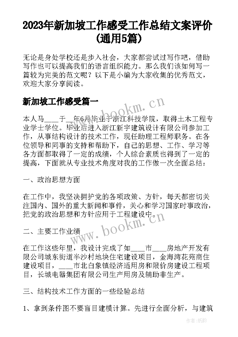 2023年新加坡工作感受 工作总结文案评价(通用5篇)