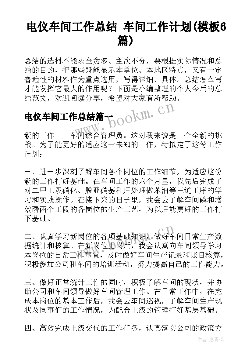 电仪车间工作总结 车间工作计划(模板6篇)