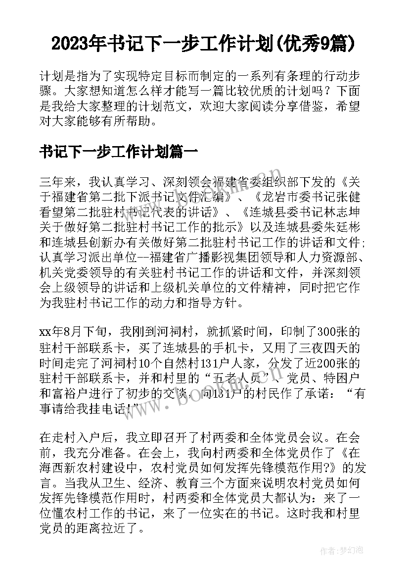 2023年书记下一步工作计划(优秀9篇)