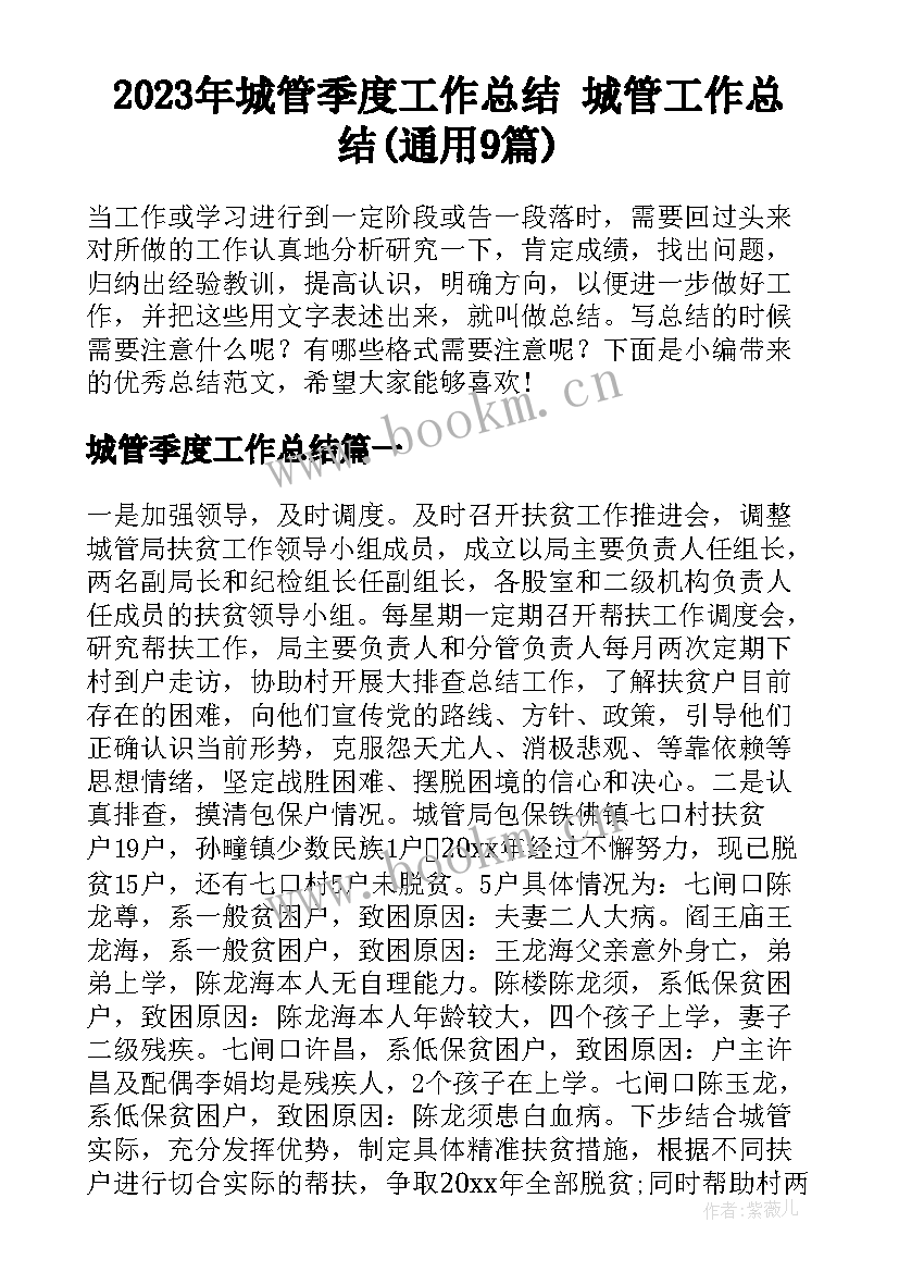 2023年城管季度工作总结 城管工作总结(通用9篇)