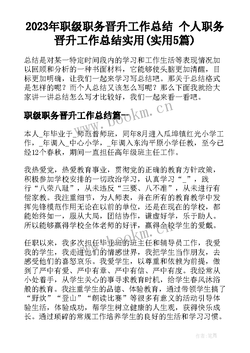 2023年职级职务晋升工作总结 个人职务晋升工作总结实用(实用5篇)