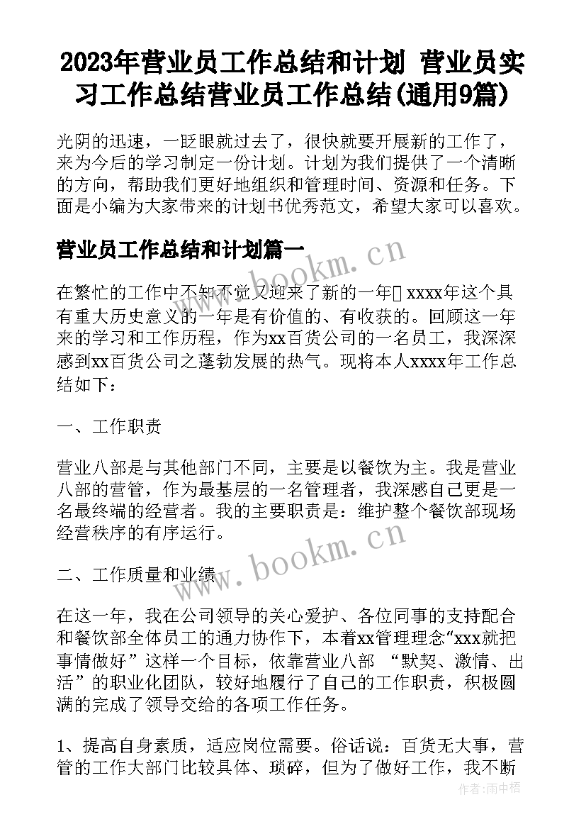 2023年营业员工作总结和计划 营业员实习工作总结营业员工作总结(通用9篇)