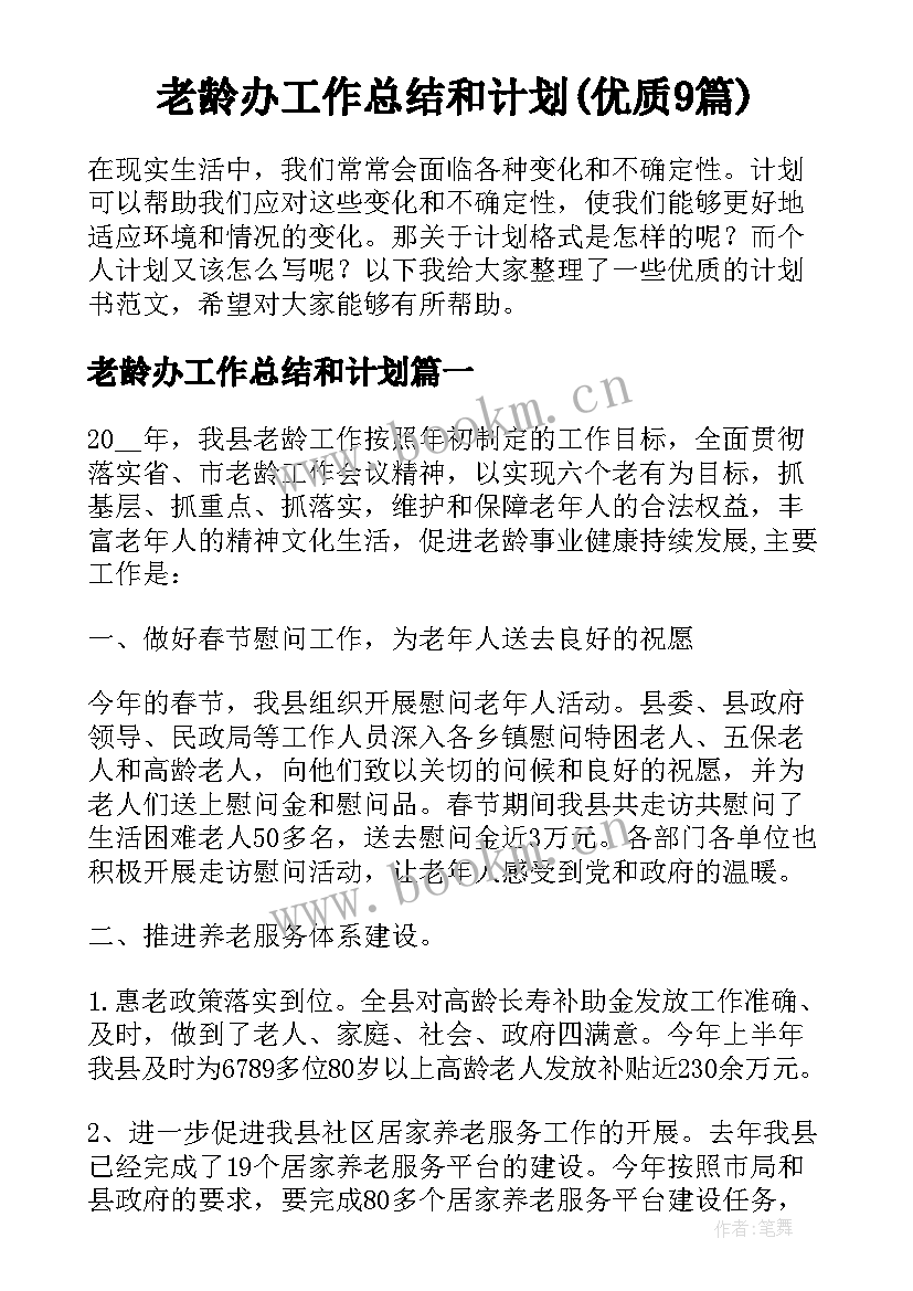 老龄办工作总结和计划(优质9篇)