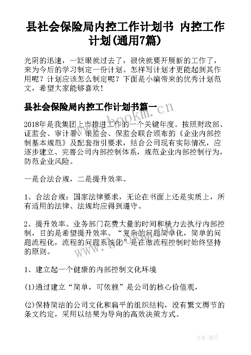 县社会保险局内控工作计划书 内控工作计划(通用7篇)