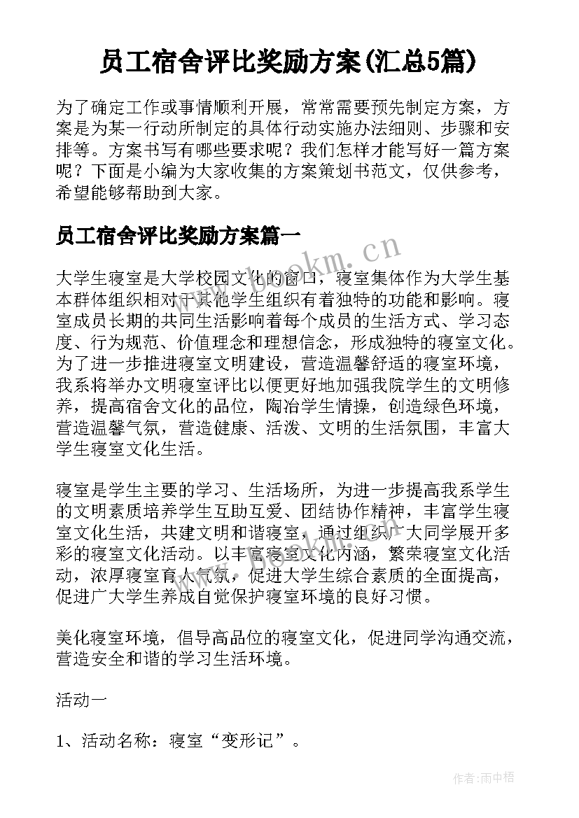 员工宿舍评比奖励方案(汇总5篇)