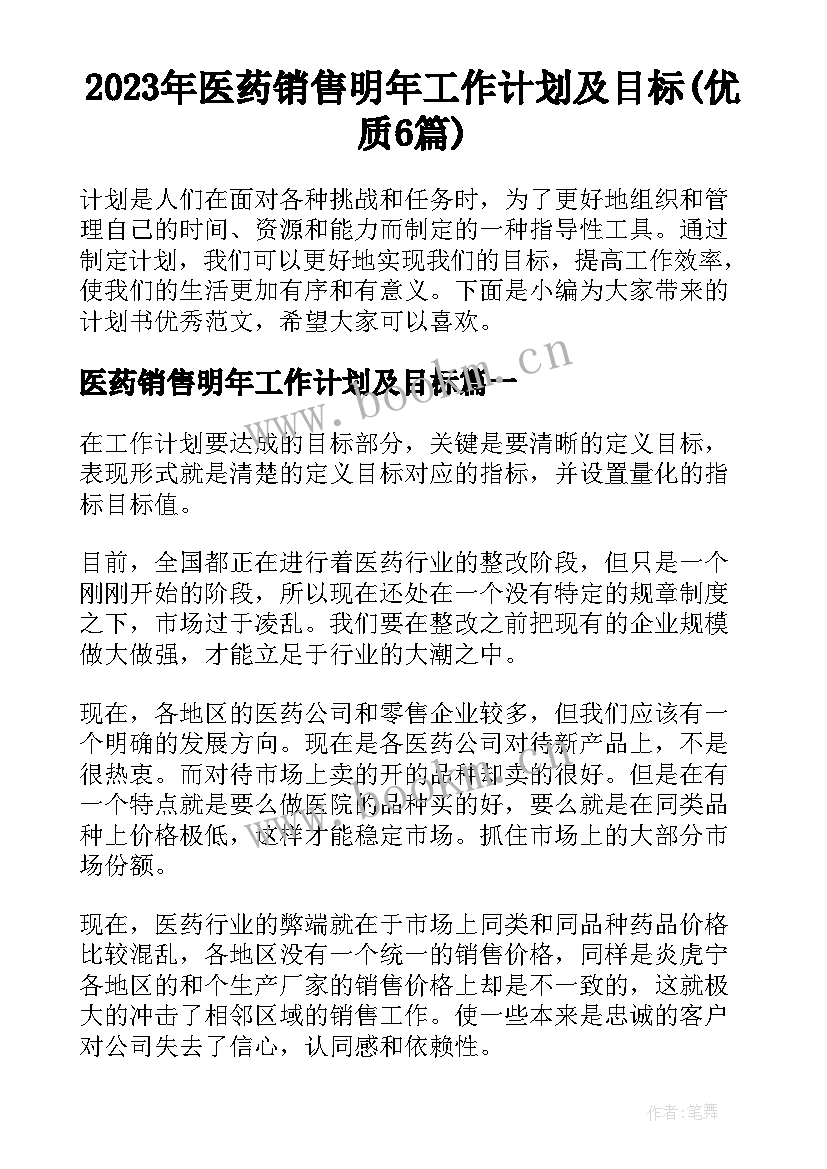 2023年医药销售明年工作计划及目标(优质6篇)