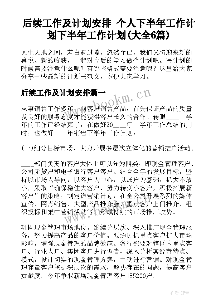 后续工作及计划安排 个人下半年工作计划下半年工作计划(大全6篇)