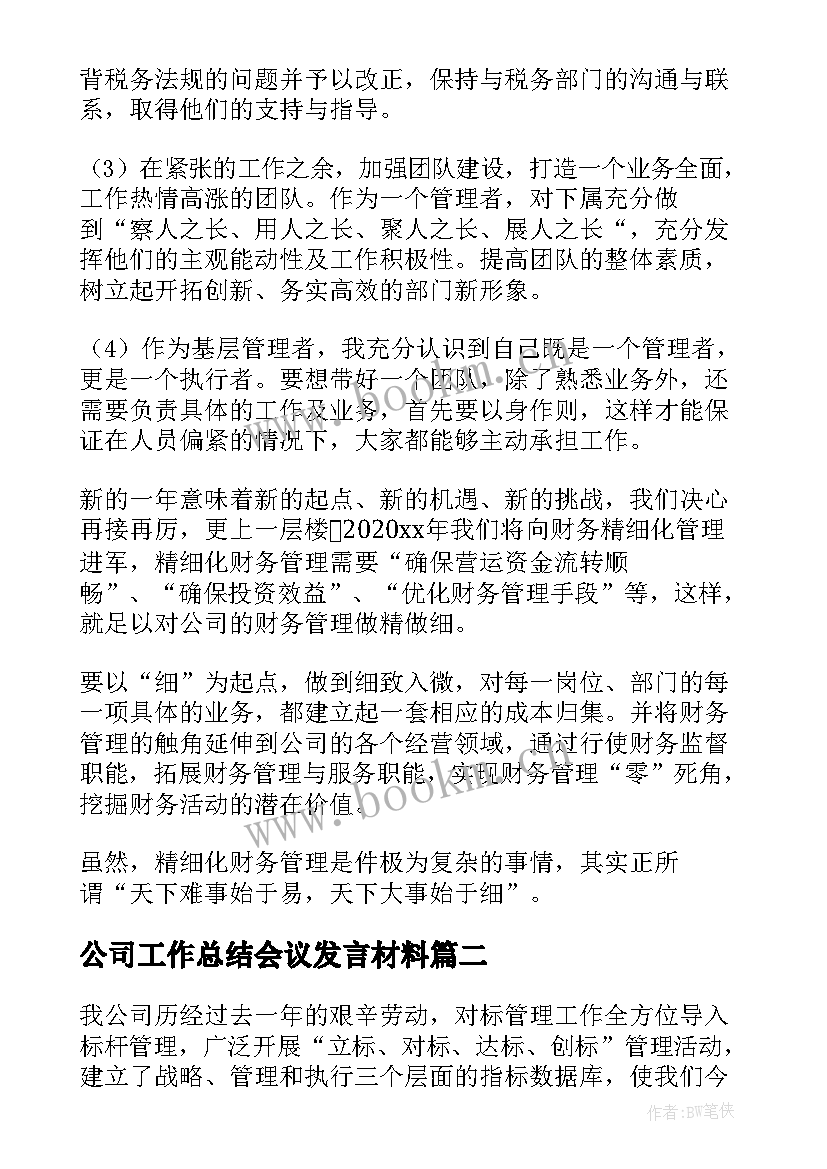 2023年公司工作总结会议发言材料(精选8篇)