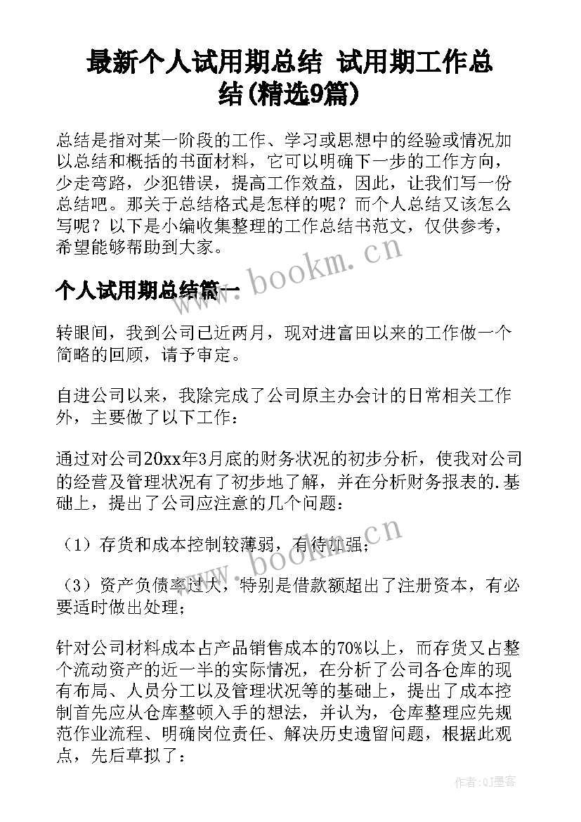 最新个人试用期总结 试用期工作总结(精选9篇)