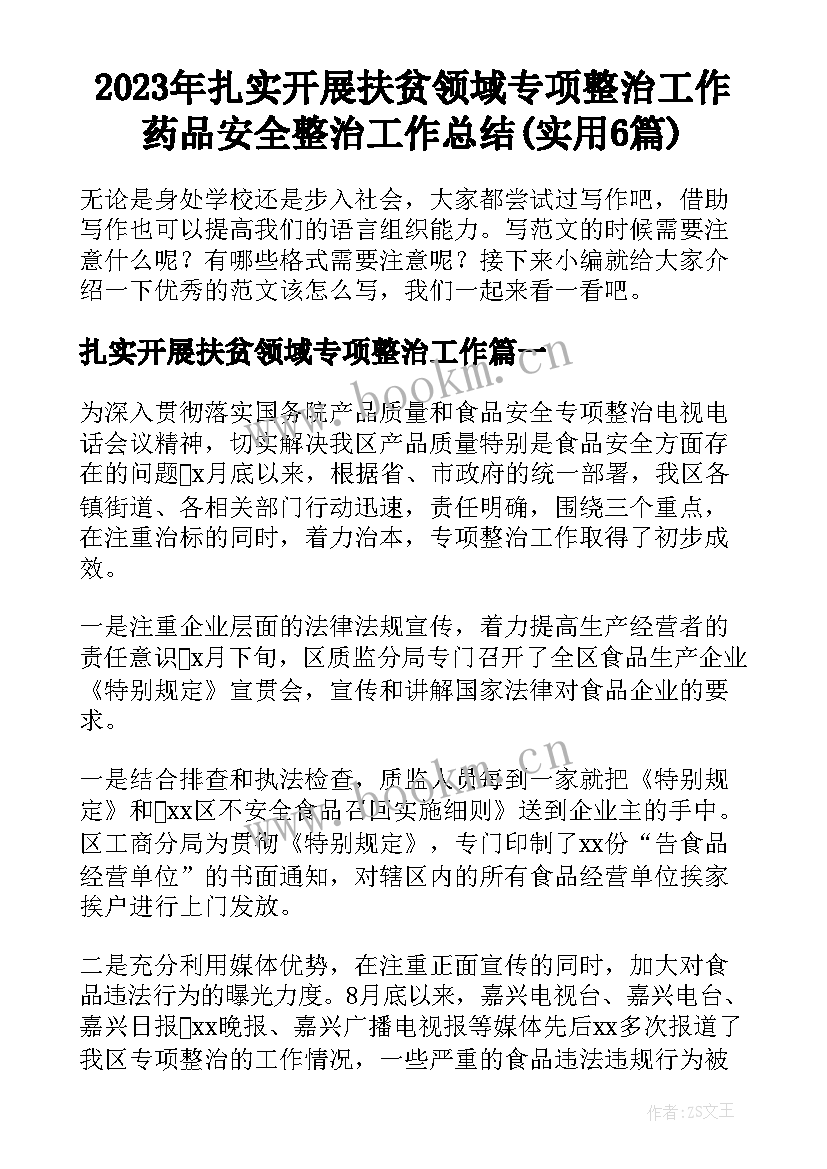 2023年扎实开展扶贫领域专项整治工作 药品安全整治工作总结(实用6篇)