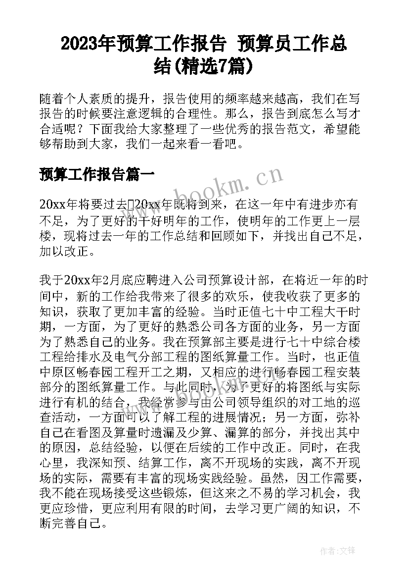 2023年预算工作报告 预算员工作总结(精选7篇)